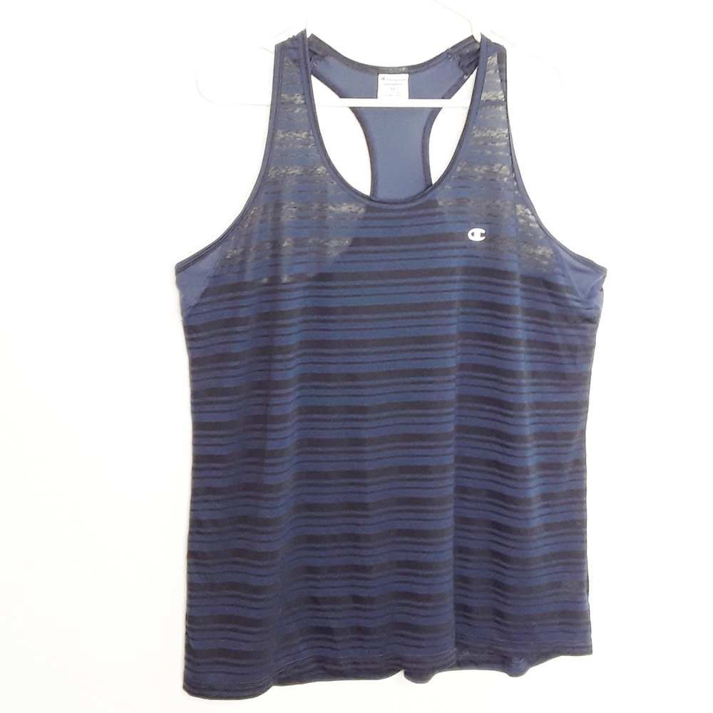 CHAMPION Burnout Racerback Navy Blue Black Striped Tank Top EUC sz 2X